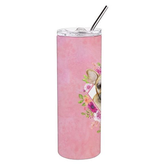 Fawn French Bulldog Pink Flowers Stainless Steel 20 oz Skinny Tumbler